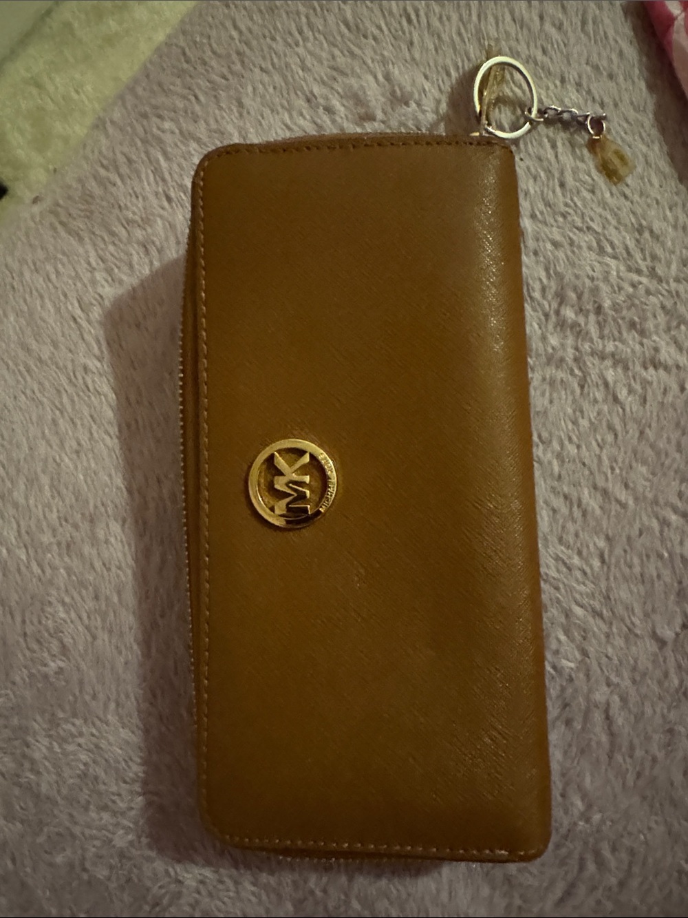 Michael Kors Tan Zip Around Saffiano Wallet with Gold Logo